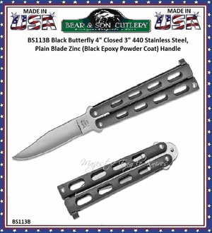 Bear and Son BS113B 4" Satin Plain Blade Stainless Steel Hollow Ground Small Black Balisong Butterfly Knife 