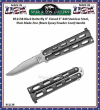 Bear and Son BS113B 4" Satin Plain Blade Stainless Steel Hollow Ground Small Black Balisong Butterfly Knife Bear and Son BS113B 4" Satin Plain Blade Stainless Steel Hollow Ground Small Black Balisong Butterfly Knife