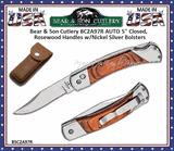 Bear BC2A97R AUTO 5" Closed, Rosewood Handles w/Nickel Silver Bolsters 3-3/4" Plain Blade Lock back Folding Pocket Knife