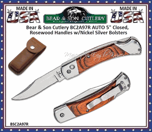 Bear BC2A97R AUTO 5" Closed, Rosewood Handles w/Nickel Silver Bolsters 3-3/4" Plain Blade Lock back Folding Pocket Knife