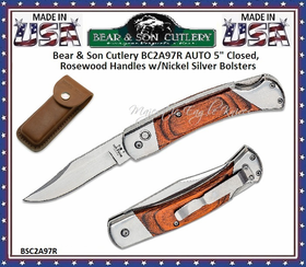 Bear BC2A97R AUTO 5" Closed, Rosewood Handles w/Nickel Silver Bolsters 3-3/4" Plain Blade Lock back Folding Pocket Knife Bear BC2A97R AUTO 5" Closed, Rosewood Handles w/Nickel Silver Bolsters 3-3/4" Plain Blade Lock back Folding Pocket Knife