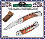 Bear BC2A97R AUTO 5" Closed, Rosewood Handles w/Nickel Silver Bolsters 3-3/4" Plain Blade Lock back Folding Pocket Knife