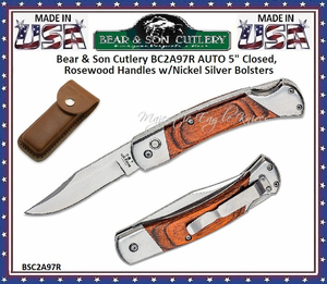 Bear BC2A97R AUTO 5" Closed, Rosewood Handles w/Nickel Silver Bolsters 3-3/4" Plain Blade Lock back Folding Pocket Knife Bear BC2A97R AUTO 5" Closed, Rosewood Handles w/Nickel Silver Bolsters 3-3/4" Plain Blade Lock back Folding Pocket Knife