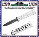 Bear & Son 115W Butterfly Knife 3 3/8" Black 1095 Carbon Steel Drop Point Blade, White Zinc Handles
