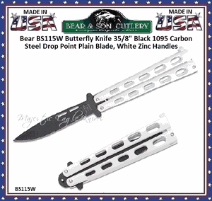 Bear & Son 115W Butterfly Knife 3 3/8" Black 1095 Carbon Steel Drop Point Blade, White Zinc Handles