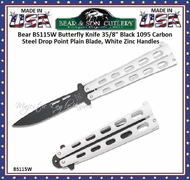 Bear & Son 115W Butterfly Knife 3 3/8" Black 1095 Carbon Steel Drop Point Blade, White Zinc Handles