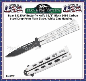 Bear & Son 115W Butterfly Knife 3 3/8" Black 1095 Carbon Steel Drop Point Blade, White Zinc Handles Bear & Son 115W Butterfly Knife 3 3/8" Black 1095 Carbon Steel Drop Point Blade, White Zinc Handles
