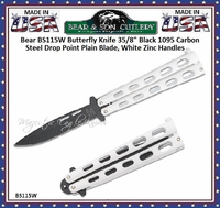 Bear & Son 115W Butterfly Knife 3 3/8" Black 1095 Carbon Steel Drop Point Blade, White Zinc Handles Bear & Son 115W Butterfly Knife 3 3/8" Black 1095 Carbon Steel Drop Point Blade, White Zinc Handles