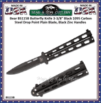 Bear & Son Bear BS115B Butterfly Knife 3 3/8" Black 1095 Carbon Steel Drop Point Plain Blade, Black Zinc Handles