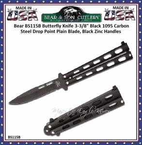 Bear & Son Bear BS115B Butterfly Knife 3 3/8" Black 1095 Carbon Steel Drop Point Plain Blade, Black Zinc Handles