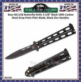 Bear & Son Bear BS115B Butterfly Knife 3 3/8" Black 1095 Carbon Steel Drop Point Plain Blade, Black Zinc Handles