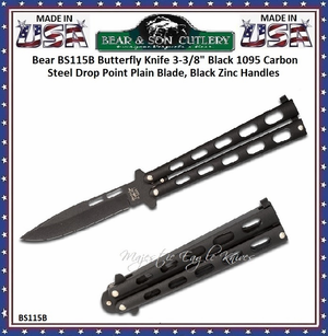 Bear & Son Bear BS115B Butterfly Knife 3 3/8" Black 1095 Carbon Steel Drop Point Plain Blade, Black Zinc Handles Bear & Son Bear BS115B Butterfly Knife 3 3/8" Black 1095 Carbon Steel Drop Point Plain Blade, Black Zinc Handles