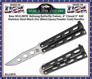 Bear & Son BS113BTR Bear Balisong Butterfly Knife 4" Closed 3-1/2" Plain Blade Black Stainless Steel Handled