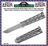 Bear & Son BS114A Butterfly Knife Silver Vein 3-5/8" Clip Point High Carbon Stainless Steel Hollow Ground Plain Blade