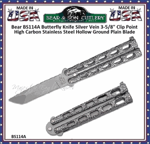 Bear & Son BS114A Butterfly Knife Silver Vein 3-5/8" Clip Point High Carbon Stainless Steel Hollow Ground Plain Blade