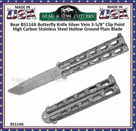 Bear & Son BS114A Butterfly Knife Silver Vein 3-5/8" Clip Point High Carbon Stainless Steel Hollow Ground Plain Blade