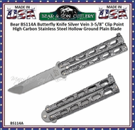 Bear & Son BS114A Butterfly Knife Silver Vein 3-5/8" Clip Point High Carbon Stainless Steel Hollow Ground Plain Blade