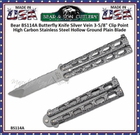 Bear & Son BS114A Butterfly Knife Silver Vein 3-5/8" Clip Point High Carbon Stainless Steel Hollow Ground Plain Blade Bear & Son BS114A Butterfly Knife Silver Vein 3-5/8" Clip Point High Carbon Stainless Steel Hollow Ground Plain Blade