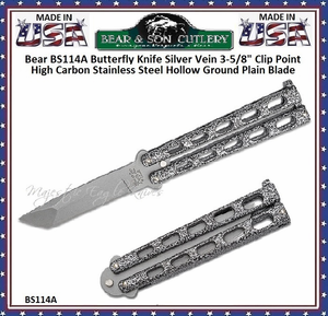 Bear & Son BS114A Butterfly Knife Silver Vein 3-5/8" Clip Point High Carbon Stainless Steel Hollow Ground Plain Blade