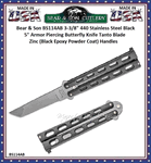 Bear & Son BS114AB 3-3/8" 440 Stainless Steel Black 5" Armor Piercing Butterfly Knife Tanto Blade Zinc (Black Epoxy Powder Coat) Handles