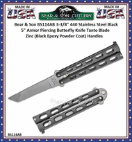 Bear & Son BS114AB 3-3/8" 440 Stainless Steel Black 5" Armor Piercing Butterfly Knife Tanto Blade Zinc (Black Epoxy Powder Coat) Handles