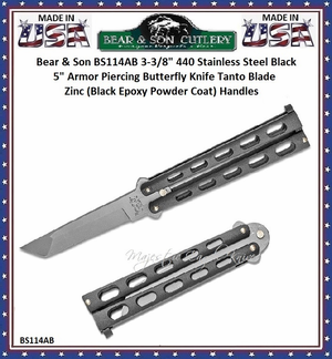 Bear & Son BS114AB 3-3/8" 440 Stainless Steel Black 5" Armor Piercing Butterfly Knife Tanto Blade Zinc (Black Epoxy Powder Coat) Handles