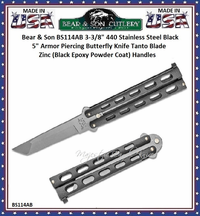 Bear & Son BS114AB 3-3/8" 440 Stainless Steel Black 5" Armor Piercing Butterfly Knife Tanto Blade Zinc (Black Epoxy Powder Coat) Handles Bear & Son BS114AB 3-3/8" 440 Stainless Steel Black 5" Armor Piercing Butterfly Knife Tanto Blade Zinc (Black Epoxy Powder Coat) Handles