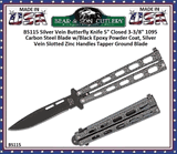 Bear & Son BS115 Butterfly Knife 3 3/8" Black 1095 Drop Point Plain Blade, Silver Vein Slotted Zinc Handles