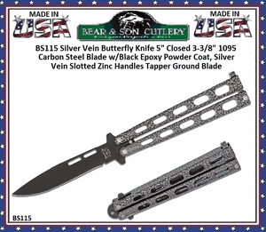 Bear & Son BS115 Butterfly Knife 3 3/8" Black 1095 Drop Point Plain Blade, Silver Vein Slotted Zinc Handles