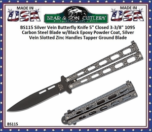 Bear & Son BS115 Butterfly Knife 3 3/8" Black 1095 Drop Point Plain Blade, Silver Vein Slotted Zinc Handles Bear & Son BS115 Butterfly Knife 3 3/8" Black 1095 Drop Point Plain Blade, Silver Vein Slotted Zinc Handles