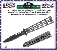 Bear & Son BS115 Butterfly Knife 3 3/8" Black 1095 Drop Point Plain Blade, Silver Vein Slotted Zinc Handles Bear & Son BS115 Butterfly Knife 3 3/8" Black 1095 Drop Point Plain Blade, Silver Vein Slotted Zinc Handles