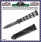 Bear & Son BS115D Black Butterfly Knife 5" Damascus Drop Point Blade, Black Zinc Handles