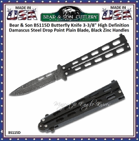 Bear & Son BS115D Butterfly Knife 3-3/8" High Definition Damascus Steel Drop Point Plain Blade, Black Zinc Handles