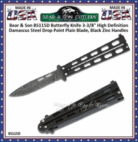 Bear & Son BS115D Butterfly Knife 3-3/8" High Definition Damascus Steel Drop Point Plain Blade, Black Zinc Handles Bear & Son BS115D Butterfly Knife 3-3/8" High Definition Damascus Steel Drop Point Plain Blade, Black Zinc Handles