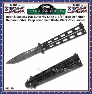 Bear & Son BS115D Butterfly Knife 3-3/8" High Definition Damascus Steel Drop Point Plain Blade, Black Zinc Handles Bear & Son BS115D Butterfly Knife 3-3/8" High Definition Damascus Steel Drop Point Plain Blade, Black Zinc Handles