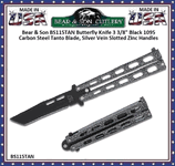 Bear & Son BS115TAN Butterfly Knife 3 3/8" Black 1095 Carbon Steel Tanto Blade, Silver Vein Slotted Zinc Handles