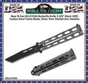 Bear & Son BS115TAN Butterfly Knife 3 3/8" Black 1095 Carbon Steel Tanto Blade, Silver Vein Slotted Zinc Handles