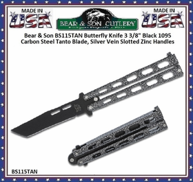 Bear & Son BS115TAN Butterfly Knife 3 3/8" Black 1095 Carbon Steel Tanto Blade, Silver Vein Slotted Zinc Handles