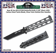 Bear & Son BS115TAN Butterfly Knife 3 3/8" Black 1095 Carbon Steel Tanto Blade, Silver Vein Slotted Zinc Handles