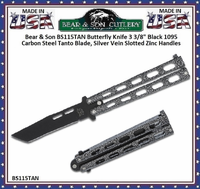 Bear & Son BS115TAN Butterfly Knife 3 3/8" Black 1095 Carbon Steel Tanto Blade, Silver Vein Slotted Zinc Handles Bear & Son BS115TAN Butterfly Knife 3 3/8" Black 1095 Carbon Steel Tanto Blade, Silver Vein Slotted Zinc Handles