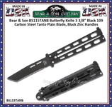 Bear & Son BS115TANB Butterfly Knife 3 3/8" Black 1095 Carbon Steel Tanto Plain Blade, Black Zinc Handles