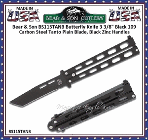 Bear & Son BS115TANB Butterfly Knife 3 3/8" Black 1095 Carbon Steel Tanto Plain Blade, Black Zinc Handles