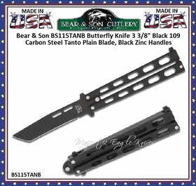 Bear & Son BS115TANB Butterfly Knife 3 3/8" Black 1095 Carbon Steel Tanto Plain Blade, Black Zinc Handles
