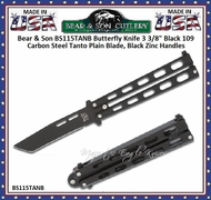 Bear & Son BS115TANB Butterfly Knife 3 3/8" Black 1095 Carbon Steel Tanto Plain Blade, Black Zinc Handles