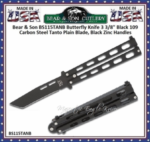 Bear & Son BS115TANB Butterfly Knife 3 3/8" Black 1095 Carbon Steel Tanto Plain Blade, Black Zinc Handles Bear & Son BS115TANB Butterfly Knife 3 3/8" Black 1095 Carbon Steel Tanto Plain Blade, Black Zinc Handles