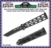 Bear & Son BS115TANB Butterfly Knife 3 3/8" Black 1095 Carbon Steel Tanto Plain Blade, Black Zinc Handles Bear & Son BS115TANB Butterfly Knife 3 3/8" Black 1095 Carbon Steel Tanto Plain Blade, Black Zinc Handles