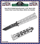 Bear & Son BS115TANW Butterfly Knife 3-3/8" Black 1095 Carbon Steel Tanto Plain Blade, White Zinc Handles