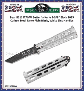 Bear & Son BS115TANW Butterfly Knife 3-3/8" Black 1095 Carbon Steel Tanto Plain Blade, White Zinc Handles