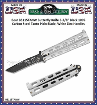 Bear & Son BS115TANW Butterfly Knife 3-3/8" Black 1095 Carbon Steel Tanto Plain Blade, White Zinc Handles Bear & Son BS115TANW Butterfly Knife 3-3/8" Black 1095 Carbon Steel Tanto Plain Blade, White Zinc Handles