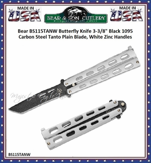 Bear & Son BS115TANW Butterfly Knife 3-3/8" Black 1095 Carbon Steel Tanto Plain Blade, White Zinc Handles Bear & Son BS115TANW Butterfly Knife 3-3/8" Black 1095 Carbon Steel Tanto Plain Blade, White Zinc Handles